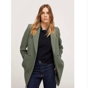 Mango Wool Double-Breasted Coat, Khaki / Sage Green, Size XS